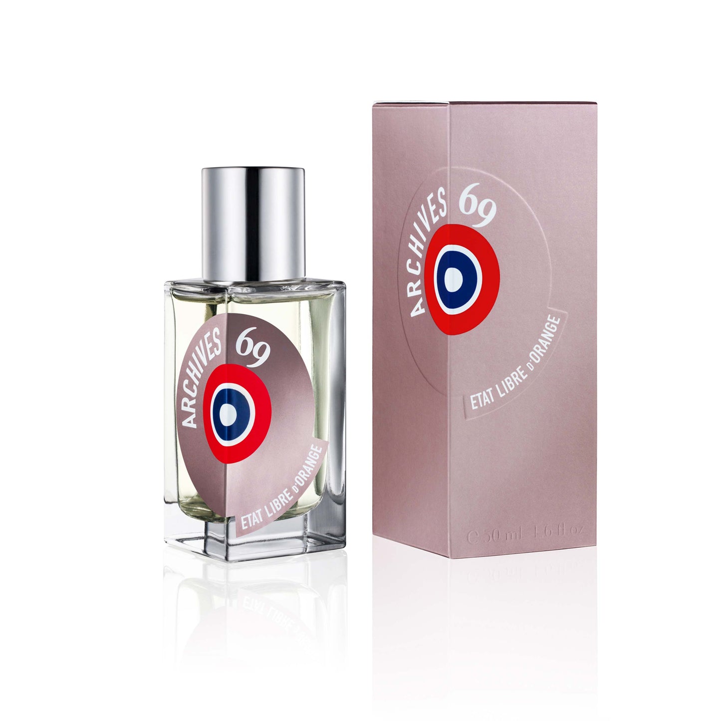 Image of Etat Libre d'Orange Archives 69 Eau de Parfum in a clear rectangular glass perfume bottle with a silver spray nozzle cap. The bottle has a label with the words "Archives 69" and "Etat Libre d'Orange" and a graphic consisting of a blue circle within a red ring. Behind the bottle is a pink rectangular box with a similar label. Both are reflected on a white glossy surface.