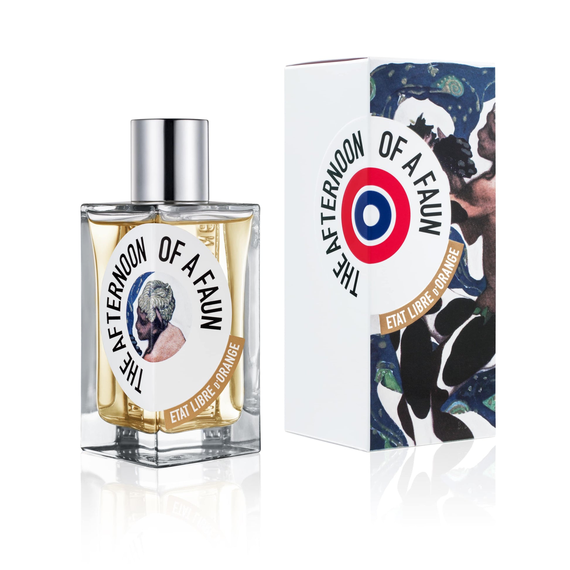 Image of Etat Libre d'Orange The Afternoon of a Faun Eau de Parfum, in a clear rectangular glass perfume bottle with a silver spray nozzle cap. The bottle has a label with a drawing of a faun's head and the words "The Afternoon of a Faun" and "Etat Libre d'Orange". Behind the bottle is a white rectangular box with a similar label and a pattern of stylized figures. Both are reflected on a white glossy surface.