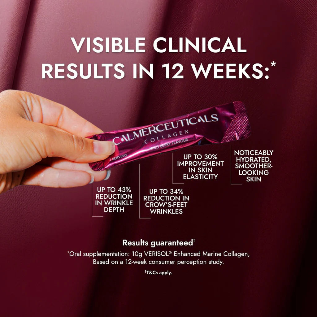 Calmerceuticals collagen supplement package held by a hand with visible clinical results text on a maroon background.
