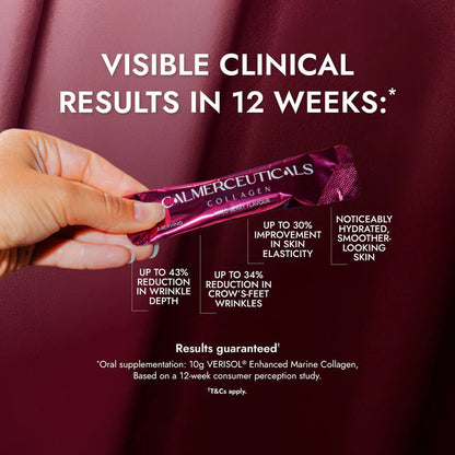 Calmerceuticals collagen supplement package held by a hand with visible clinical results text on a maroon background.