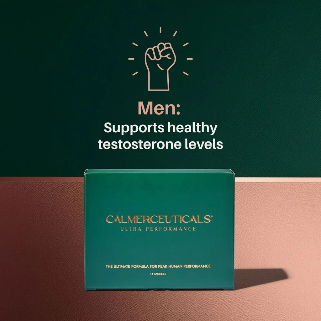 Calmerceuticals supplement box on a green and brown background with text about supporting healthy testosterone levels.