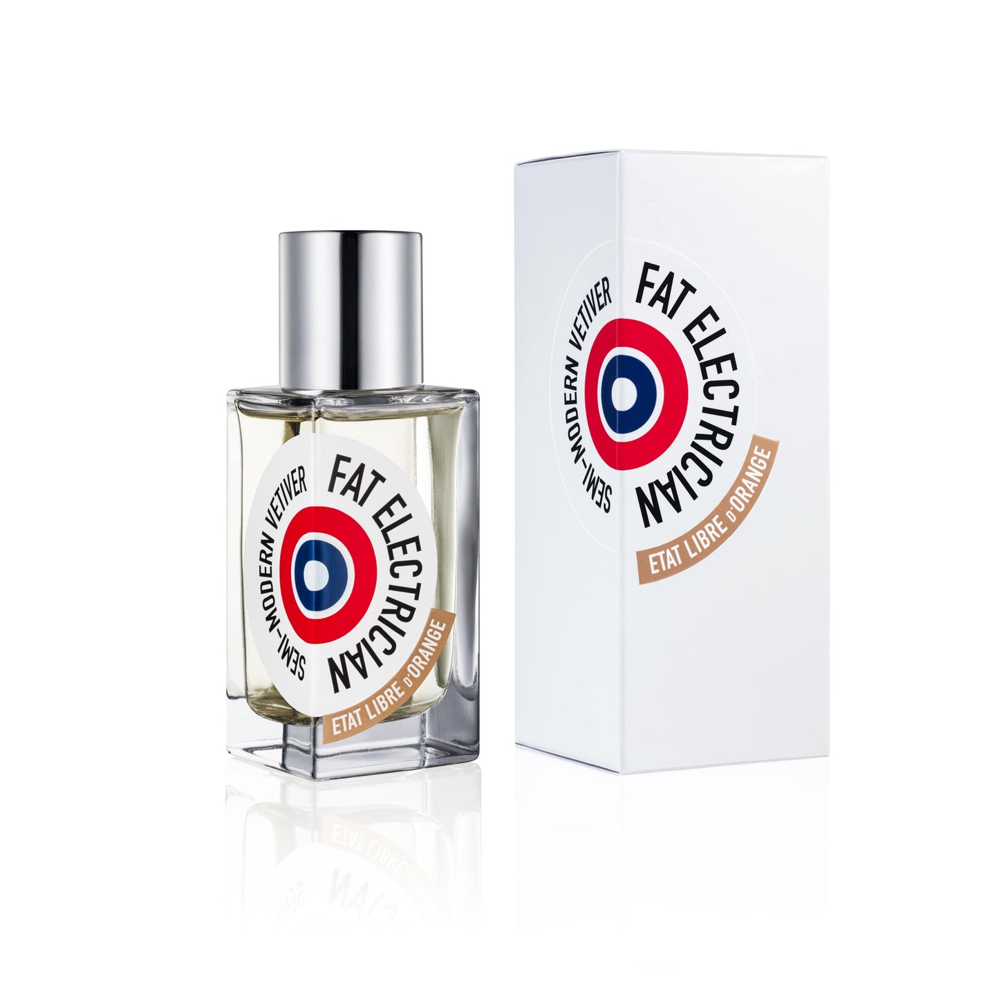Image of Etat Libre d'Orange Fat Electrician Eau de Parfum in a clear rectangular glass perfume bottle with a silver spray nozzle cap. The bottle has a label with the words "Fat Electrician", "Semi-Modern Vetiver", and "Etat Libre d'Orange" and a graphic consisting of a blue circle within a red ring. Behind the bottle is a white rectangular box with a similar label. Both are reflected on a white glossy surface.