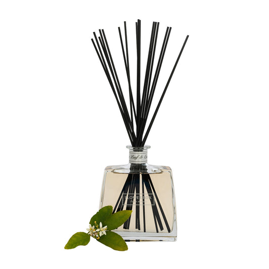 Image of a clear glass diffuser bottle, square in shape, with a narrow neck and a light grey label around the neck. A bundle of long, thin grey reeds protrudes from the neck. In front of the bottle, on a white background, are fig leaves.